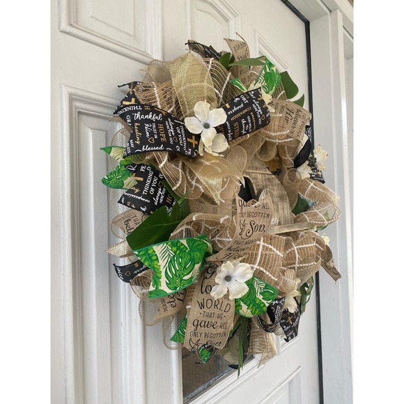 Wooden Christian He is Risen From the Tomb Sign Deco Mesh Ribbon Easter wreath - Picture 5 of 10